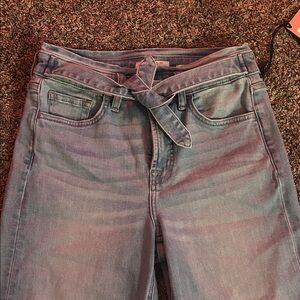 Stylish High Rise Blue Jeans with Tie Waist